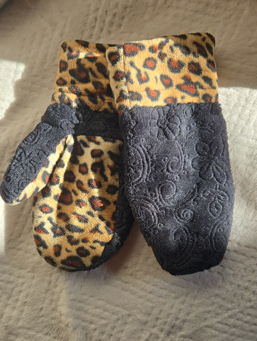 Leopard Print & Black Cozy Women's Mittens ,handmade Recycled Fabric Size Medium
